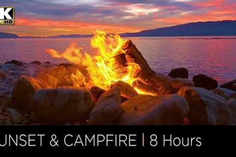8 Hours of Relaxing Campfire by a Lake at Sunset in 4k UHD, Stress Relief, Meditation & Deep..