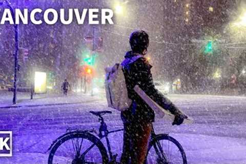 【4K】Downtown Vancouver Night Walk in Heavy Snow and Wind | Canada (Sounds Of Snowfall)