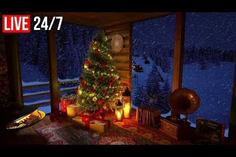 🔴 Christmas Ambience in a Cozy Winter Cabin with Snowfall and Fireplace Sounds | Christmas Live..