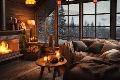 Snow Falling Day in Cozy Winter Cabin Ambience with Fireplace Sound and Snowfall view