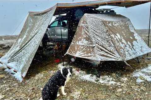 Car Camping in Snow Blizzard - Freezing Rain - Popup Tent