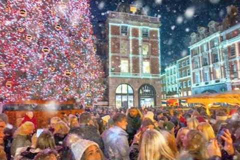 Snow in London’s Covent Garden ❄️ London Christmas Lights Tour 2023 ✨ London Winter Walk 🎄 4K HDR