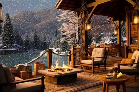 Cozy Winter Porch Ambience ⛄ Smooth Jazz Background Music with Snowfall & Fireplace Sounds for..