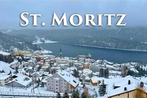 St. Moritz, Switzerland 4K - Snowy Scenic Walk, Relaxing Snowfall Video - Travel Vlog, Walking Tour
