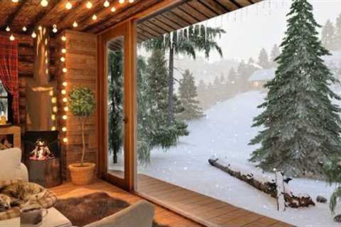 Winter Cozy Cabin in Snowfall with Crackling Fireplace Sound, Relaxing Wind & Snow Falling..